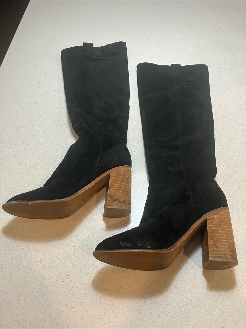Mi.iM Black Suede Mid-Calf Block Heel Boots with Wooden-Look Heel